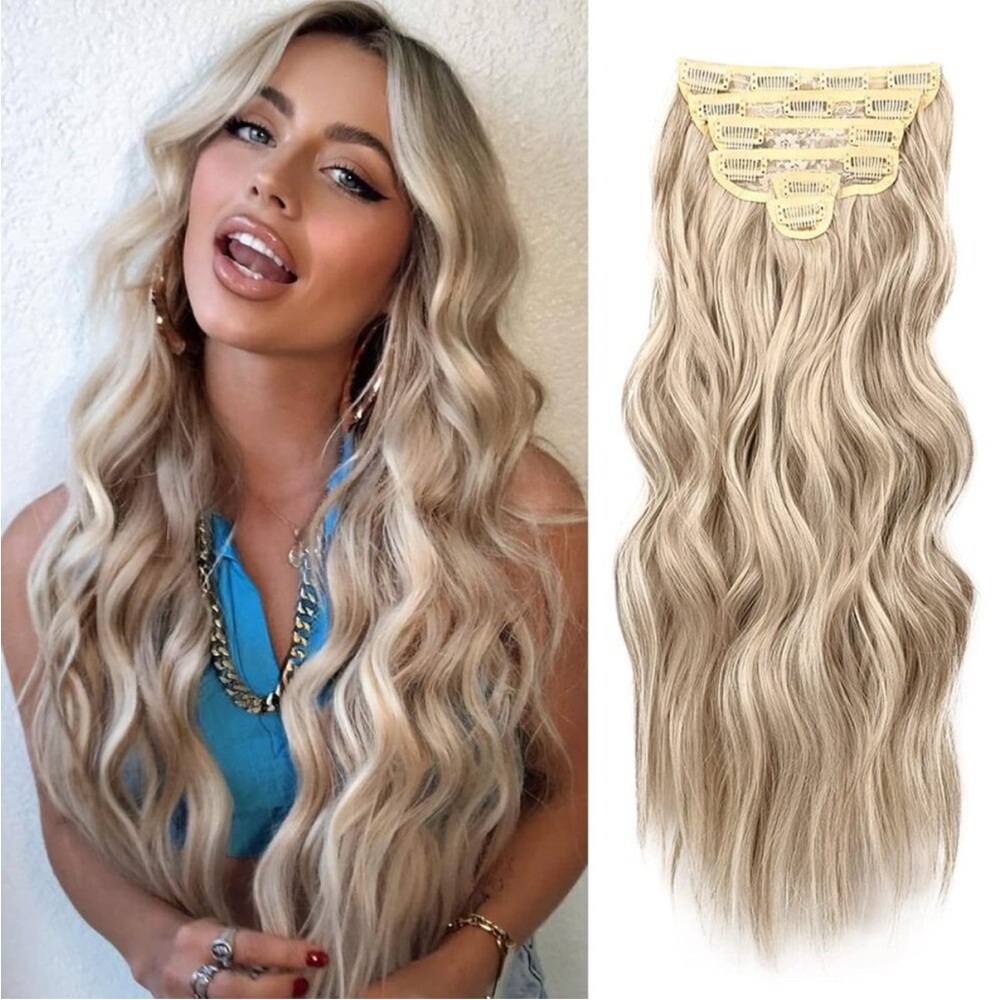 New 6PCS 20" Wavy Curly Ash Brown Mix Platinum Blonde Clip-In Hair Extensions
